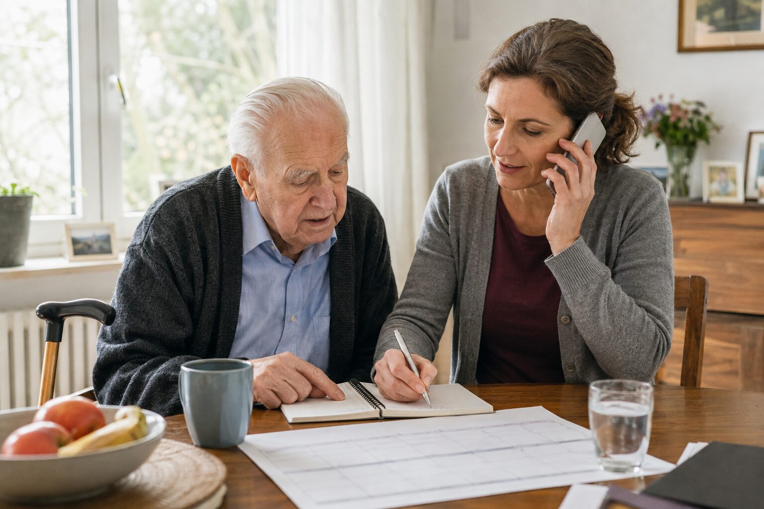 Angehörige organisiert telefonisch Alltagshilfe für ihren pflegebedürftigen Vater
