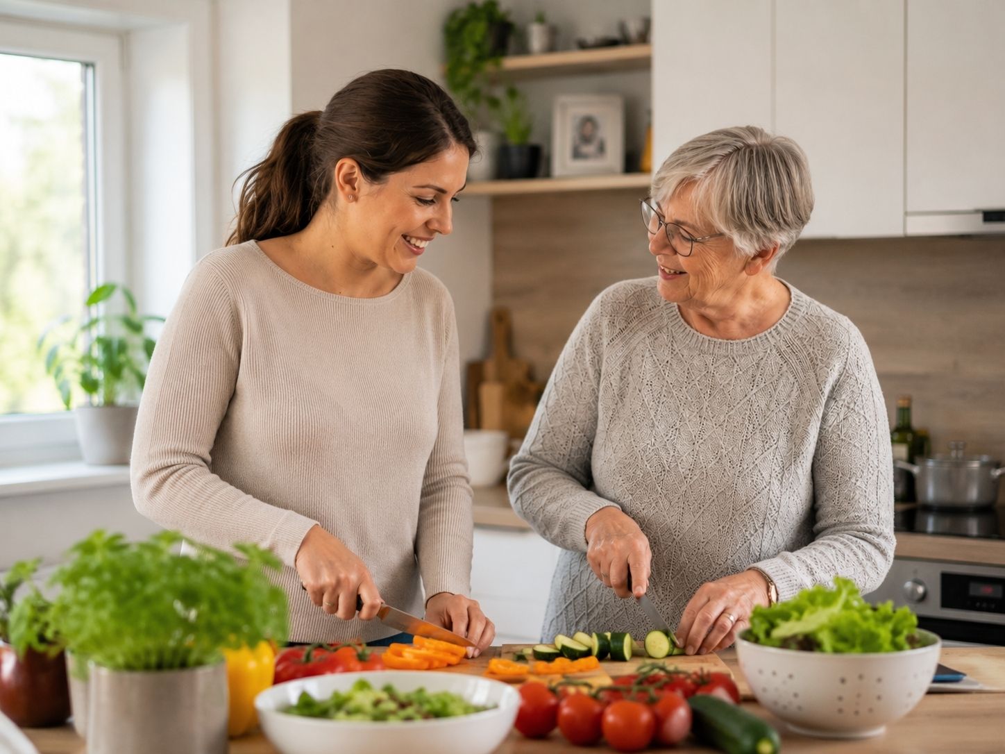 Alltagshilfe in Norderstedt unterstützt eine Seniorin beim gemeinsamen Kochen