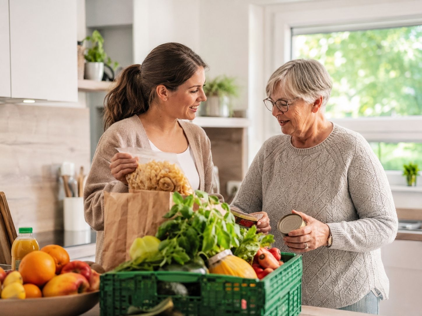 Haushaltshilfe in Norderstedt unterstützt eine Seniorin beim Einräumen von Einkäufen